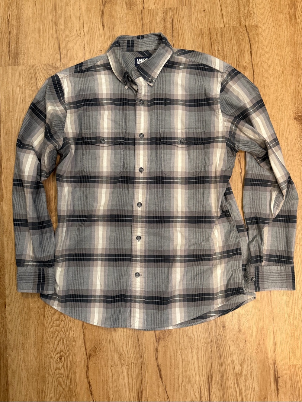 Lands' End Men's Plaid Button-Down Shirt in Gray and White